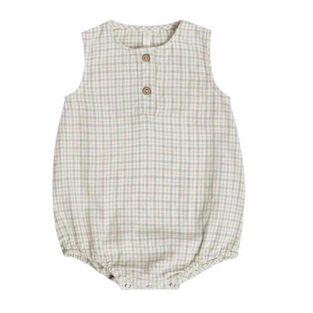 Rylee + Cru Tan + Grey Laurel Plaid Beau Romper One Piece Henley 18-24 Months